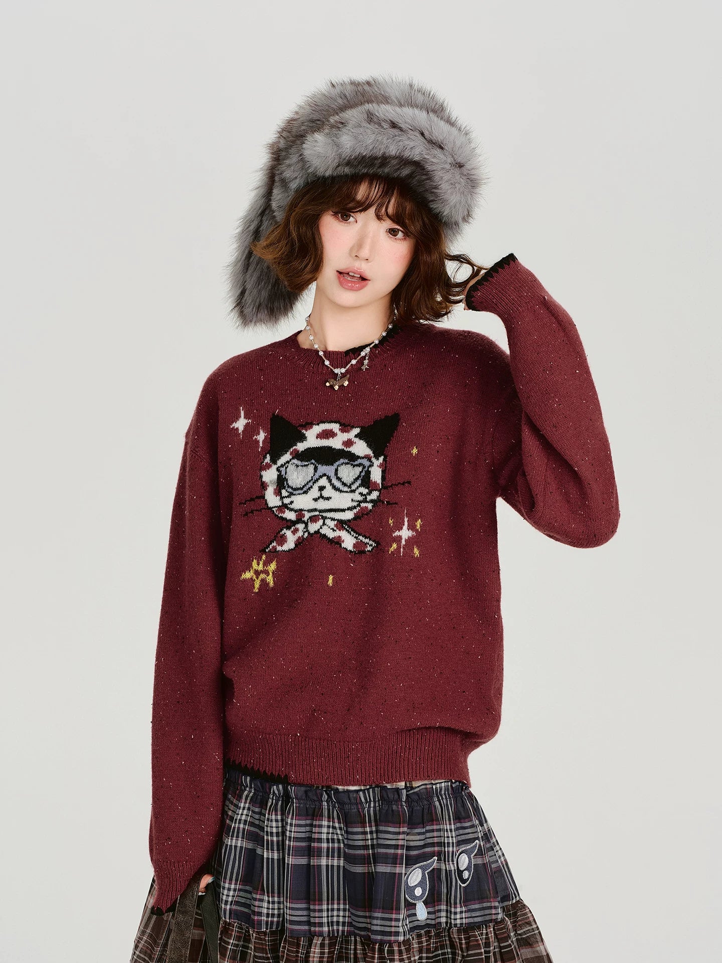 Girlyhalo Vintage Fun Jacquard Crew Neck Sweater