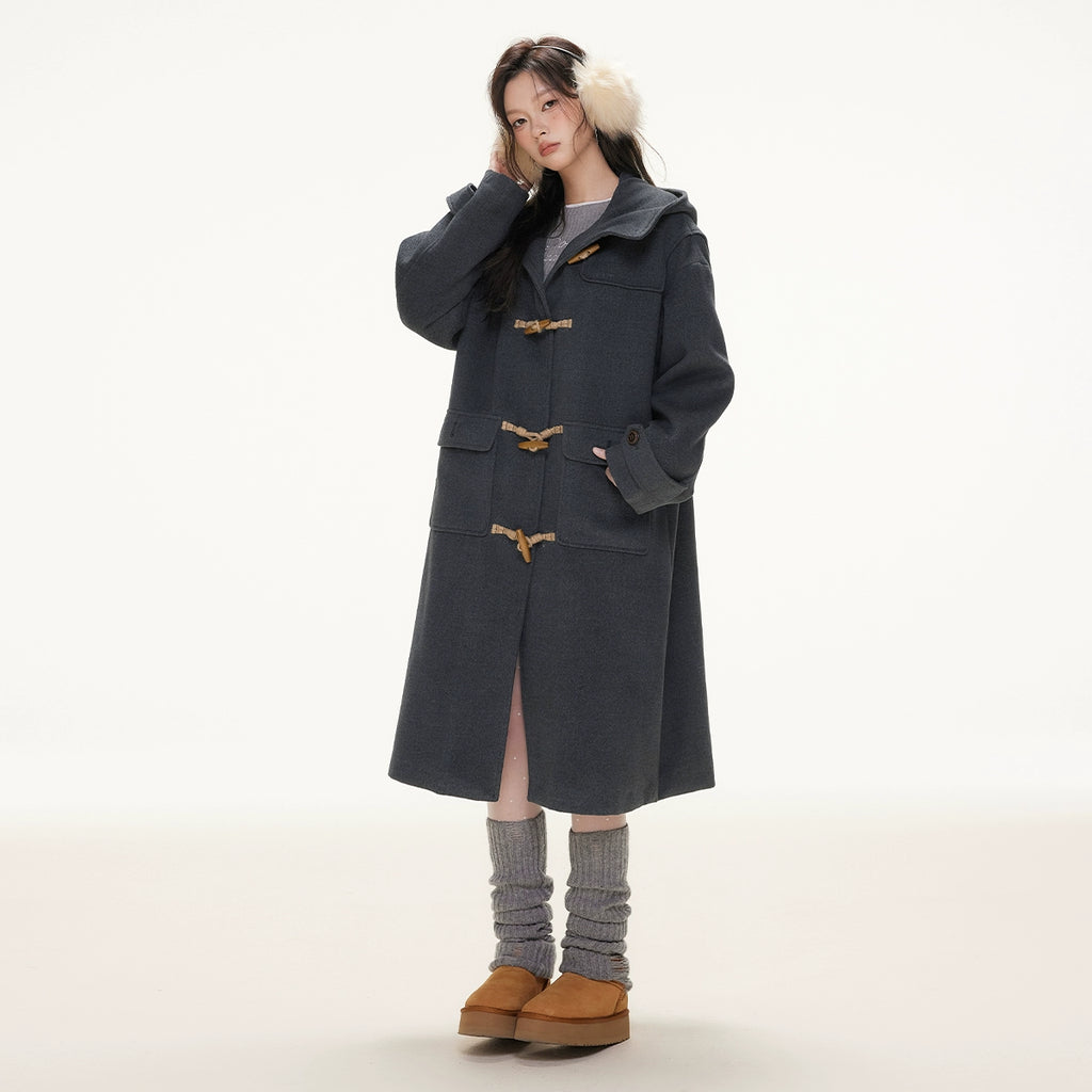 Imone Retro Horn Buckle Casual Medium and Long Woolen Jacket