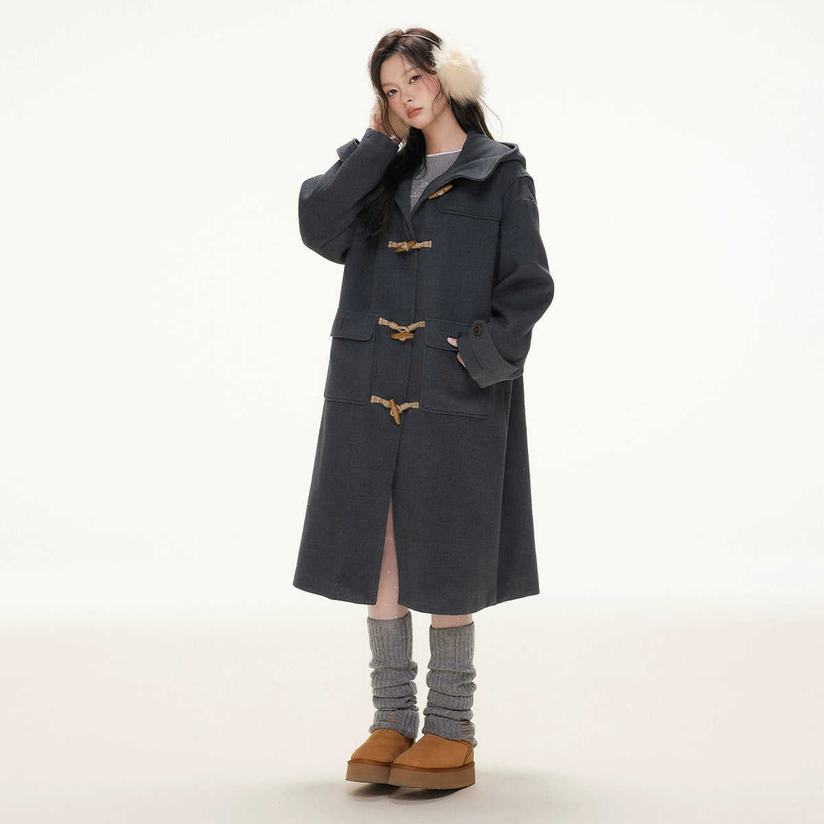 Imone Retro Horn Buckle Casual Medium and Long Woolen Jacket