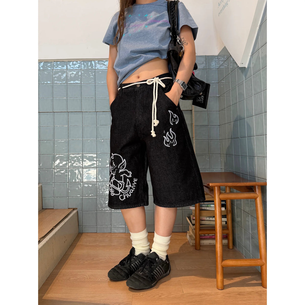 CCYE Little Devil Embroidered Relaxed Capri Pants