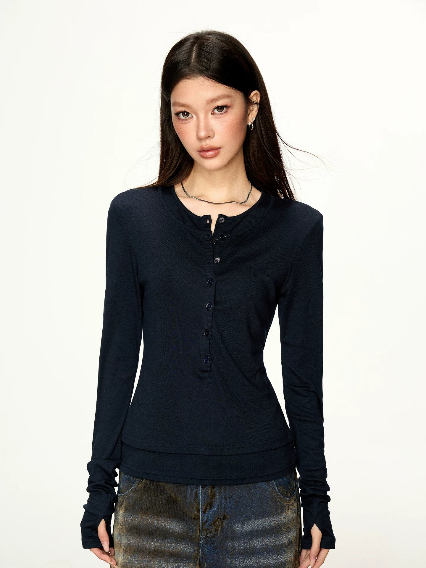 Cherry Melody Henry Shirt Collar Fake Two Long Sleeves