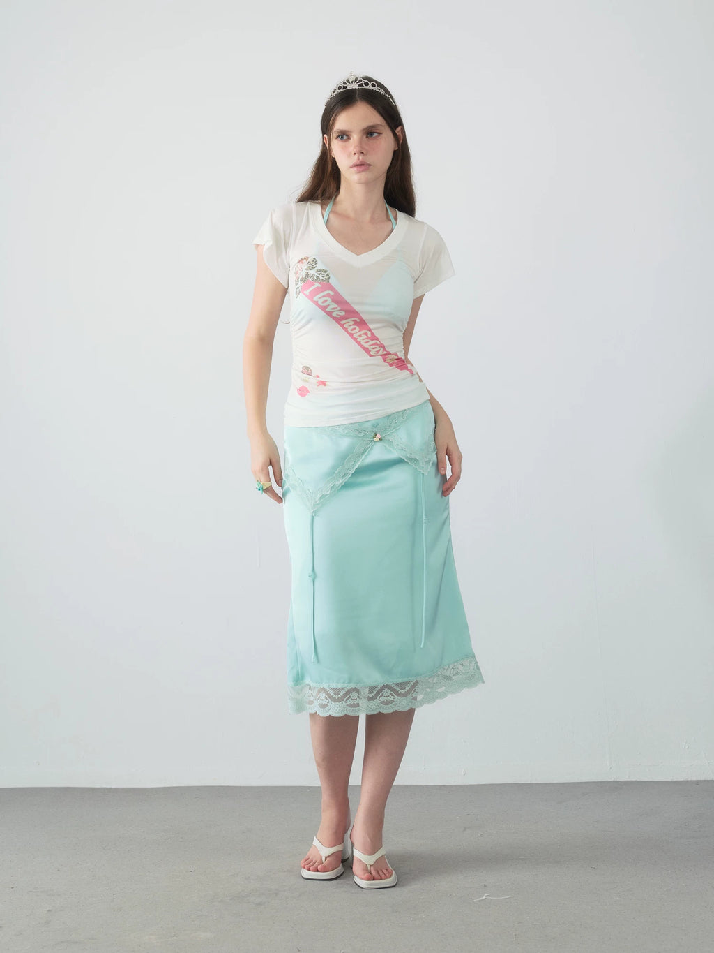 Yawhat Mint Green Satin Lace Fishtail Midi Skirt
