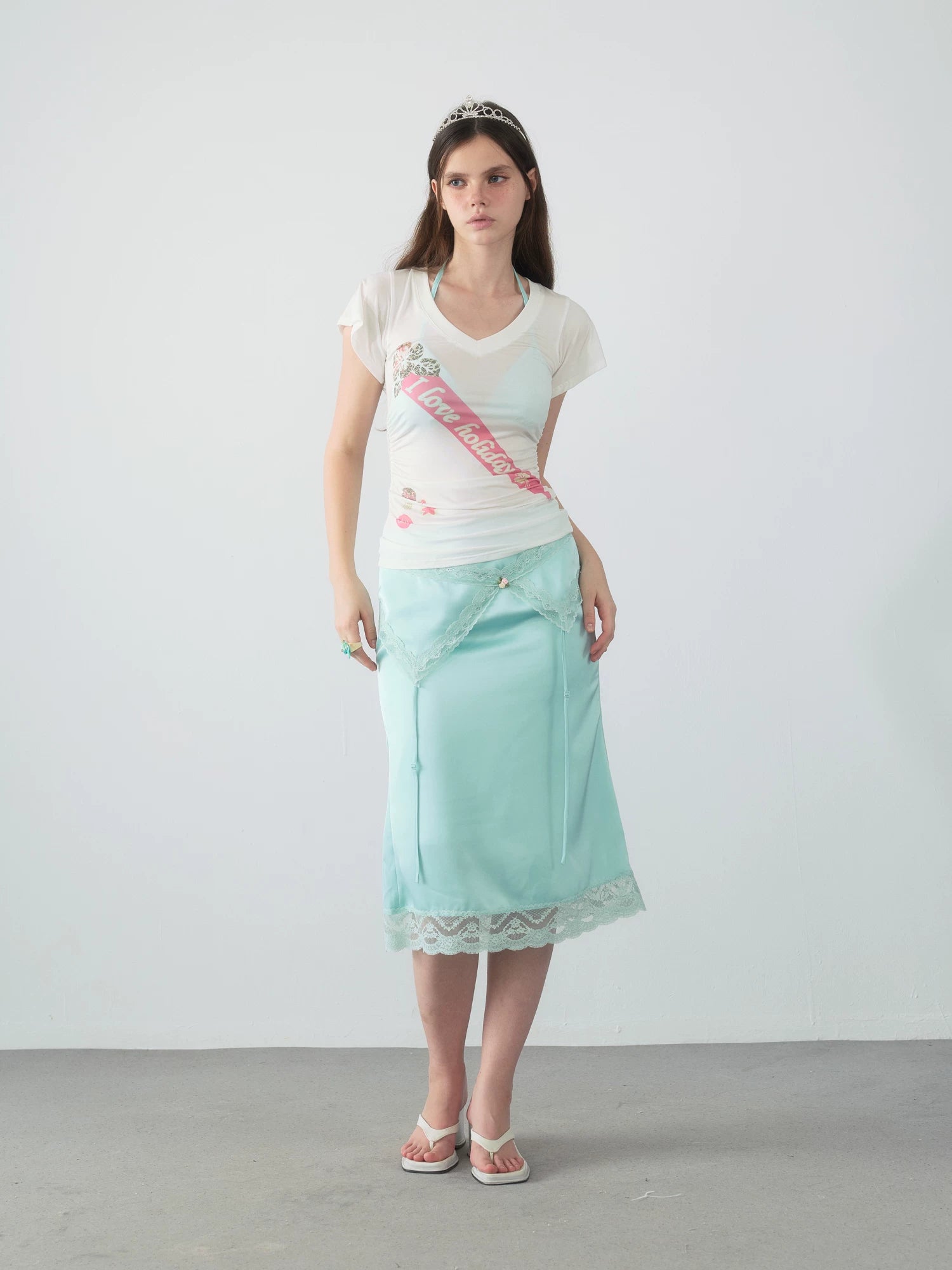 Yawhat Mint Green Satin Lace Fishtail Midi Skirt