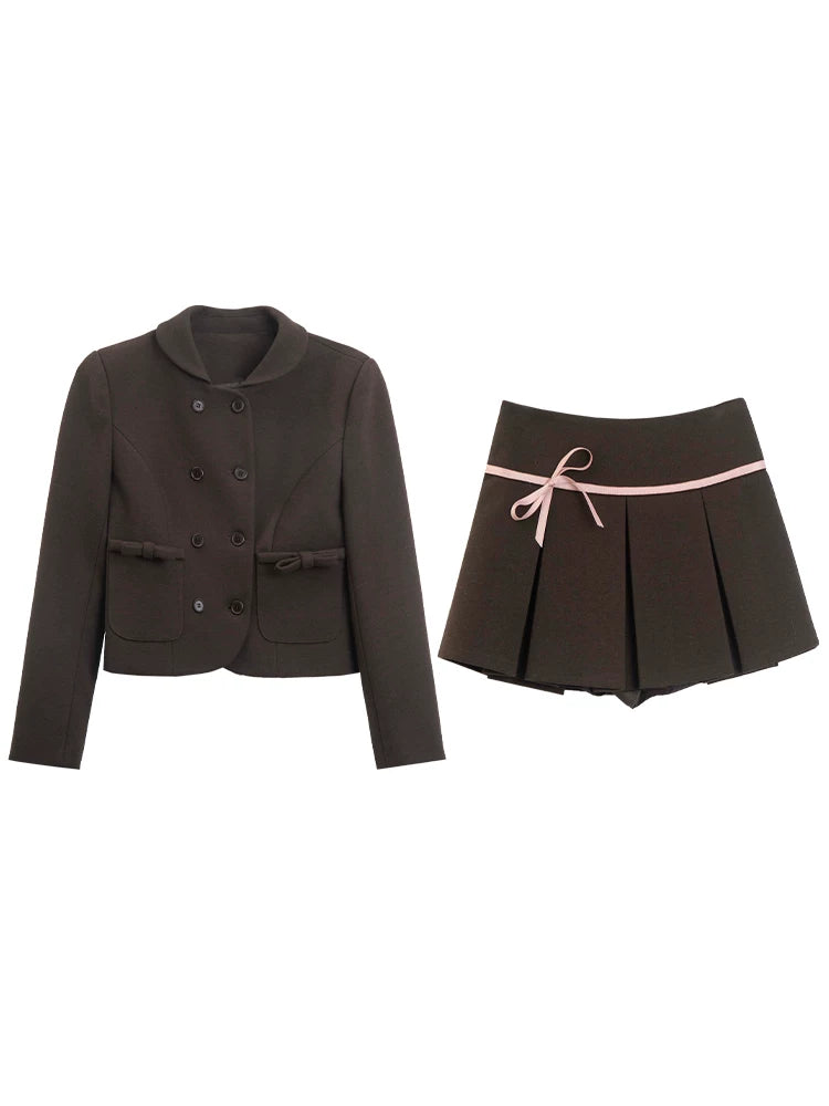 HEYNEW Maillard College Style Coat Pleated Skirt