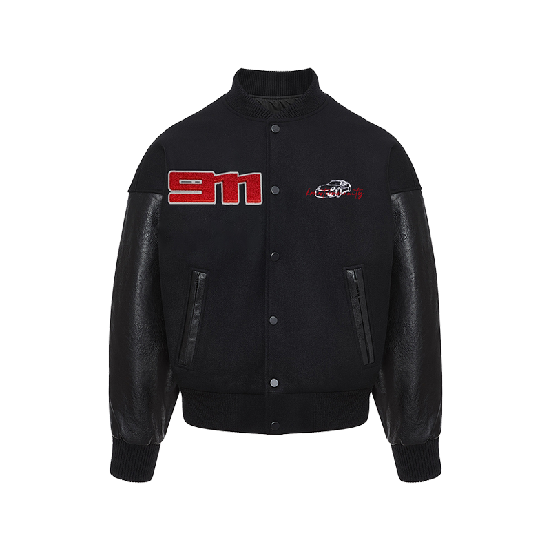 KONOOT Embroidered Leather Short and Wide Cut Silhouette Baseball Jersey