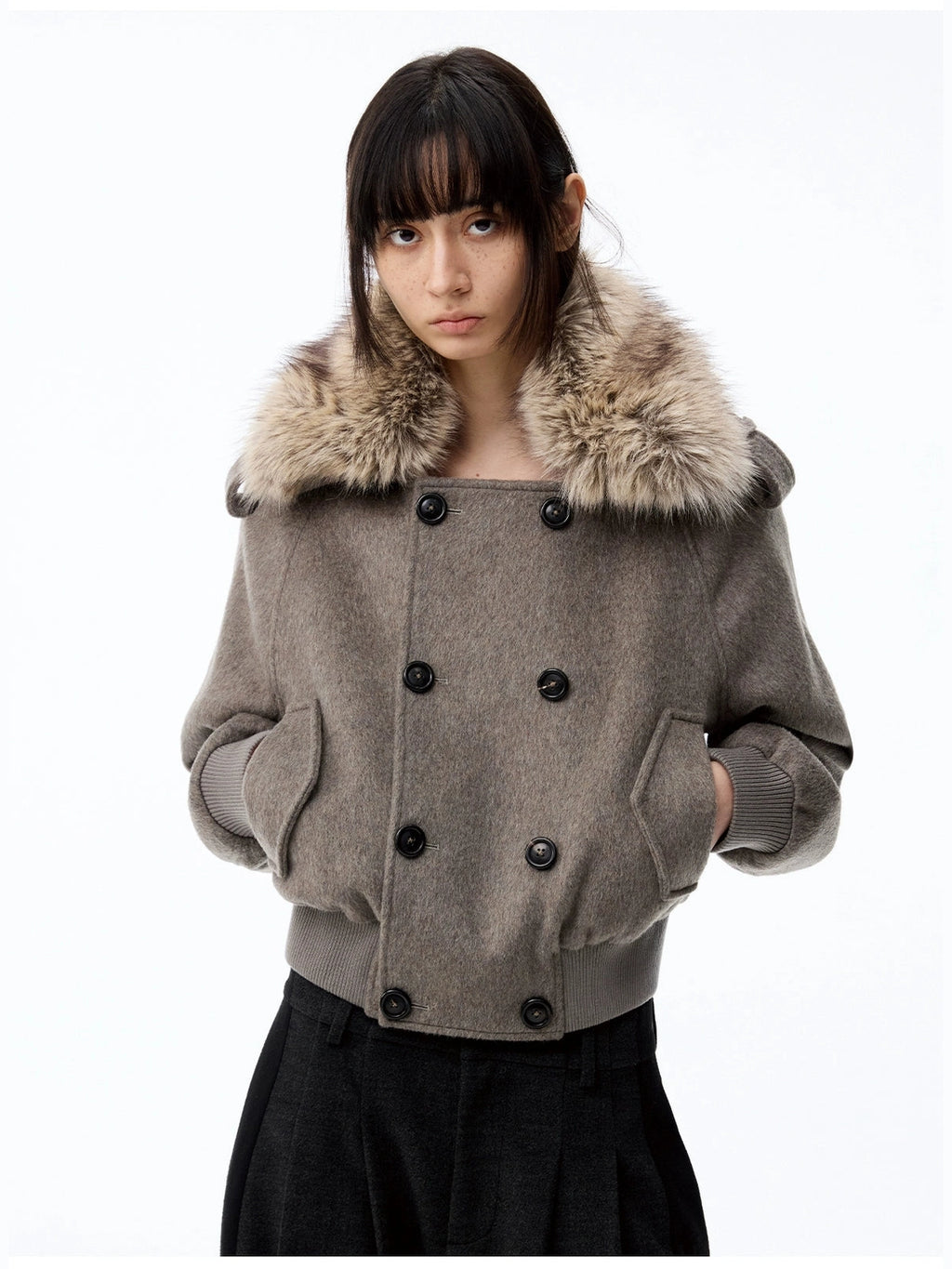 JCAESAR WOMEN Removable Fur Collar Double-breasted Short Woolen Coat