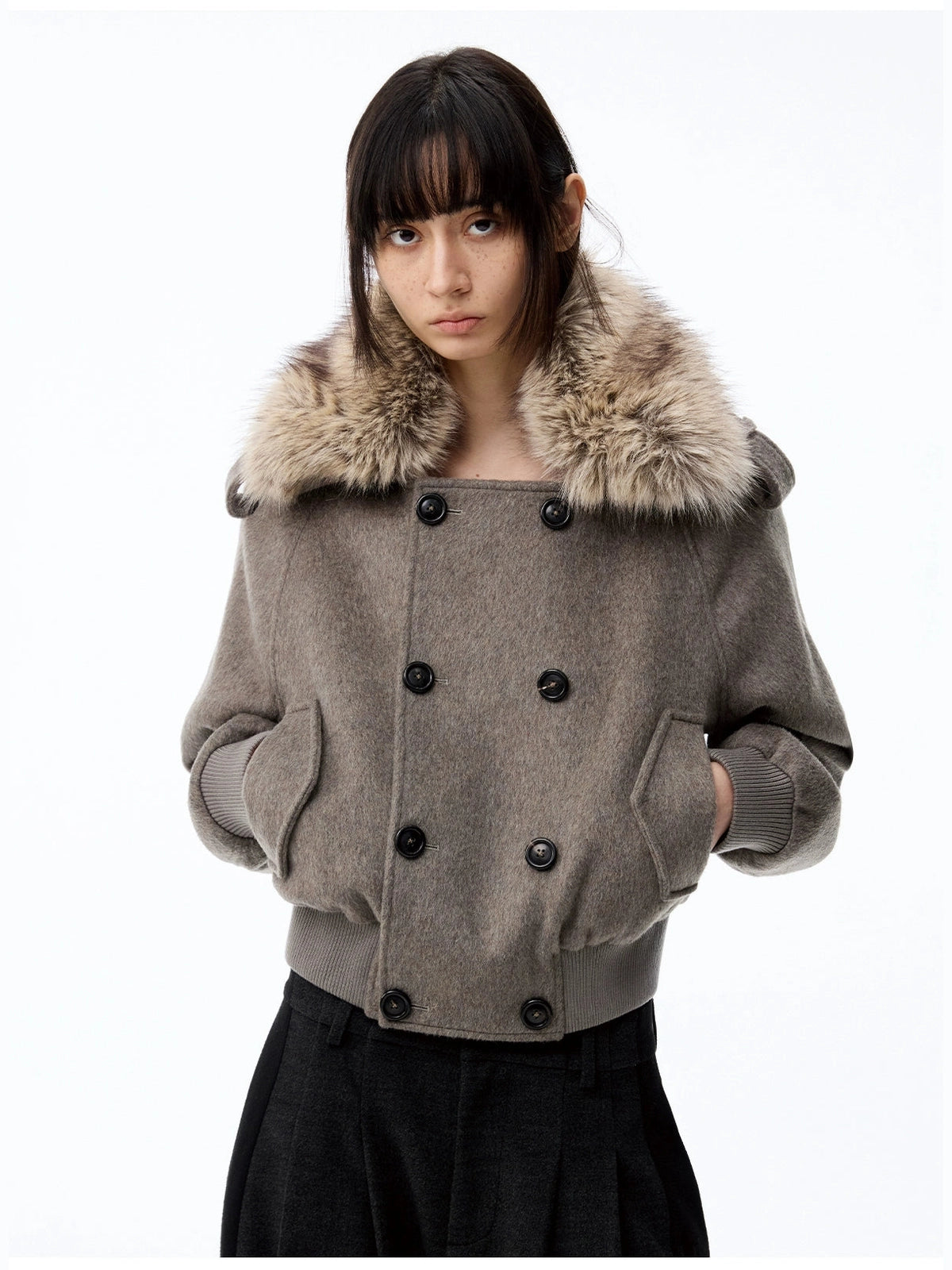 JCAESAR WOMEN Removable Fur Collar Double-breasted Short Woolen Coat