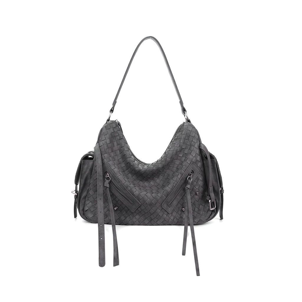 JANDRESS Gray Woven Faux Leather Zip-Top Hobo Bag