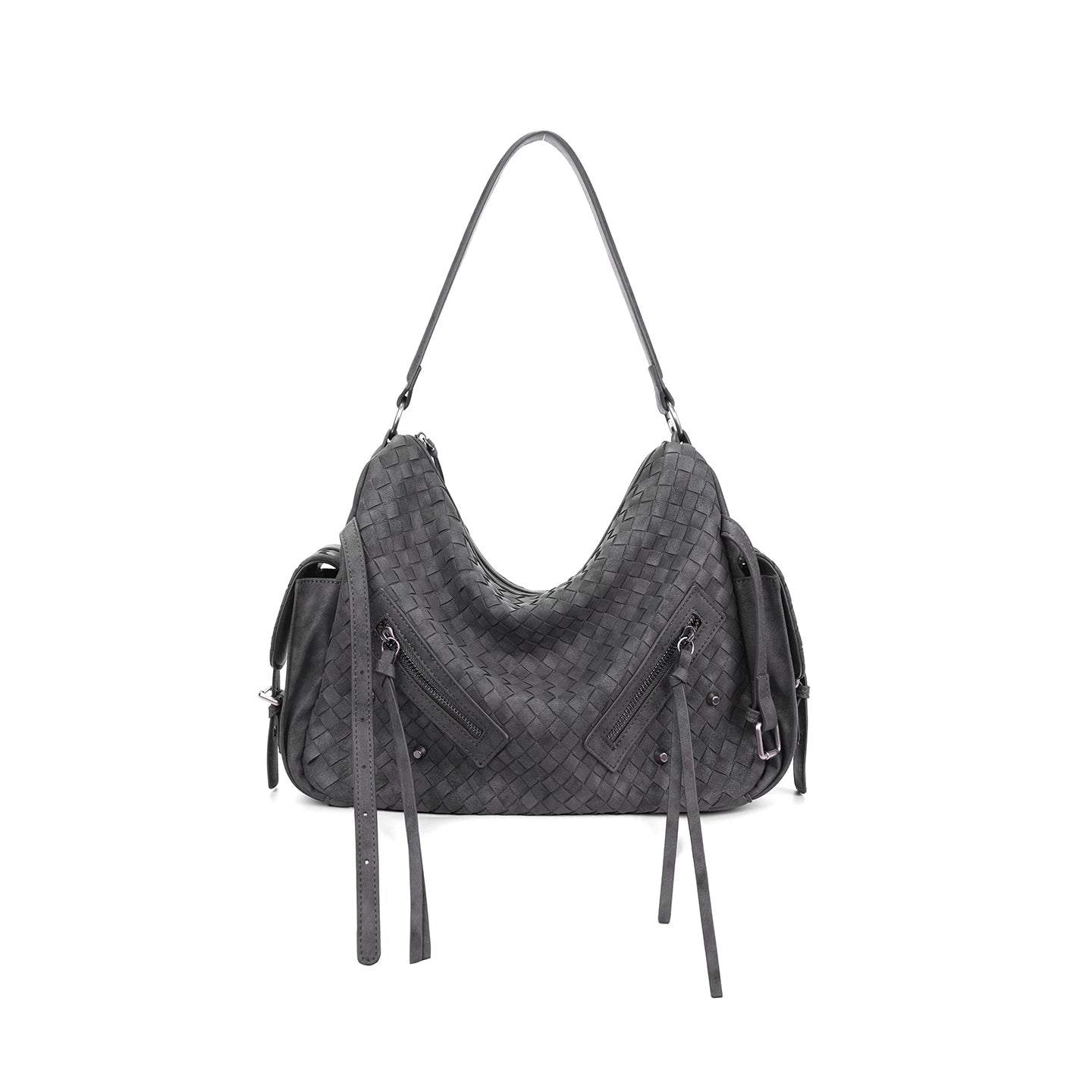 JANDRESS Gray Woven Faux Leather Zip-Top Hobo Bag