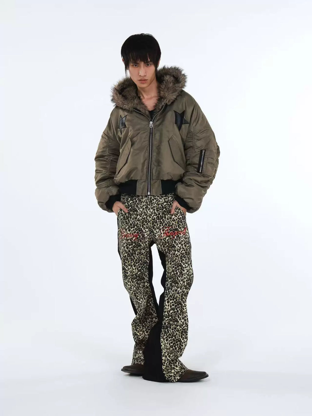 DETW Retro Double Leopard Print Micro-stack Visual Jeans