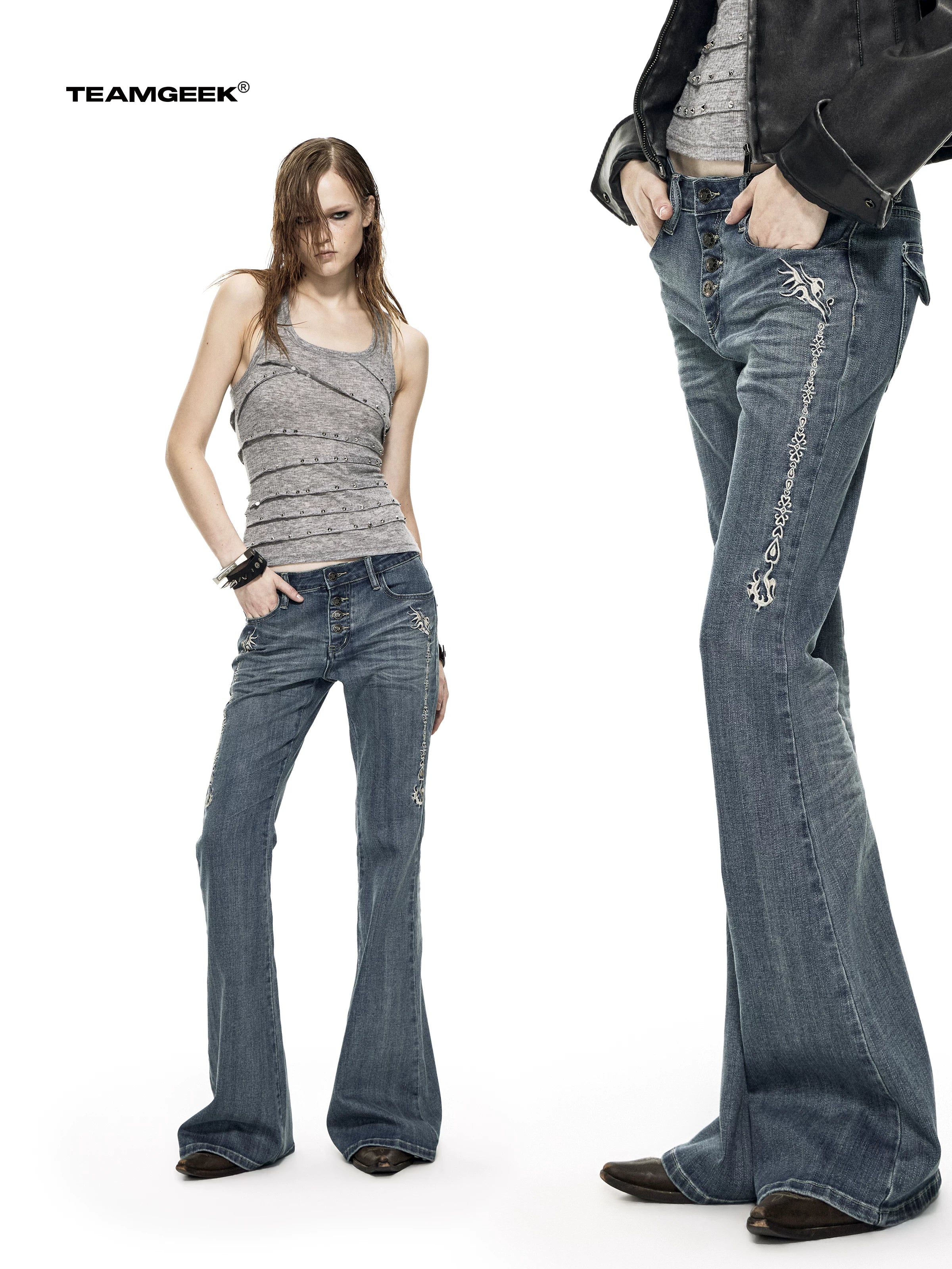 TEAMGEEK Totem-embroidered Stretch-flared Jeans
