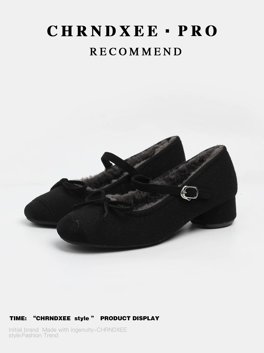 CHRNDXEE Retro Round Head Bow Warm Thick Heel Shoes