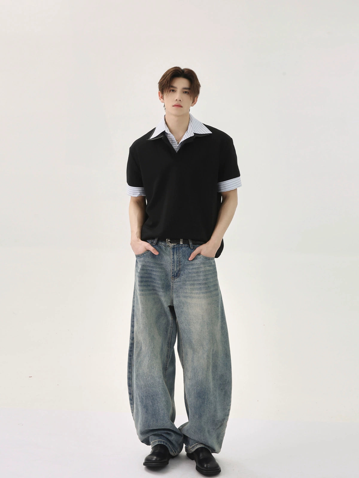 TURNTIDE Spliced Striped Loose Casual Versatile Short-sleeved POLO Shirt