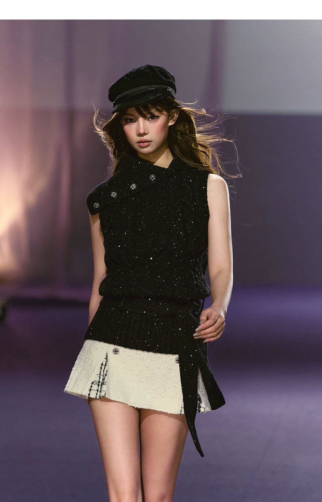 AGAM Double-breasted Spliced Pleated Skirt