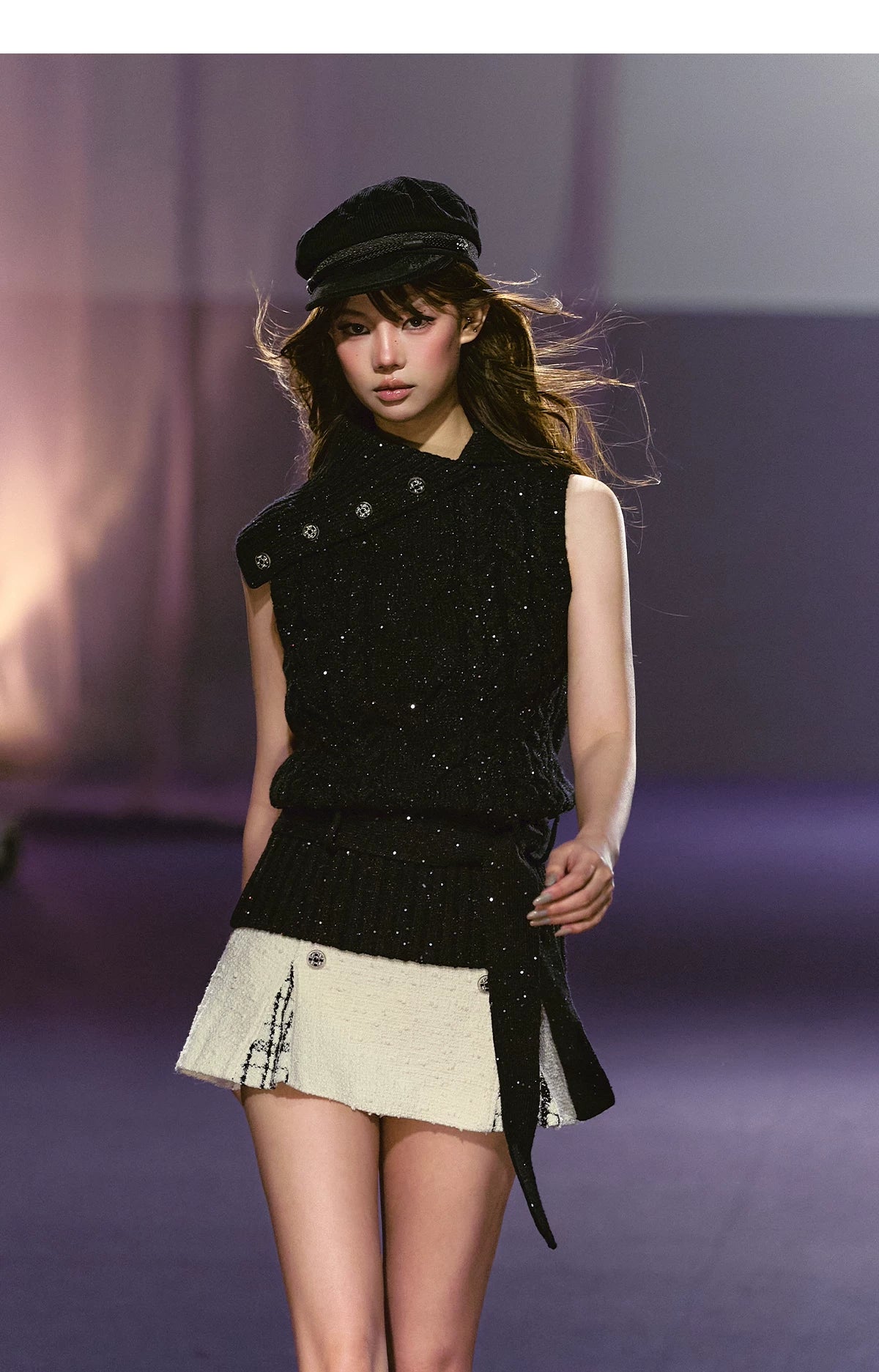 AGAM Double-breasted Spliced Pleated Skirt