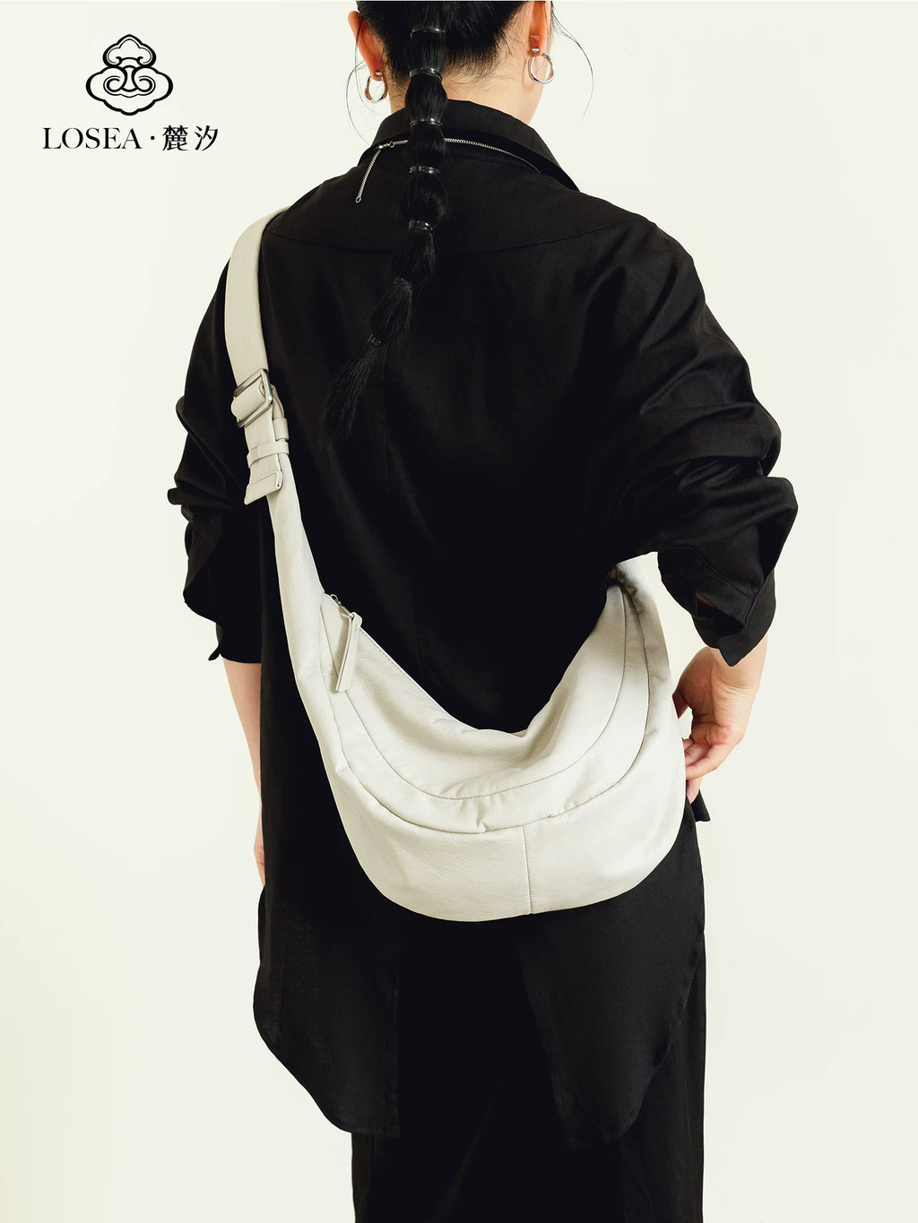 LOSEA White Faux Leather Zip Hobo Bag
