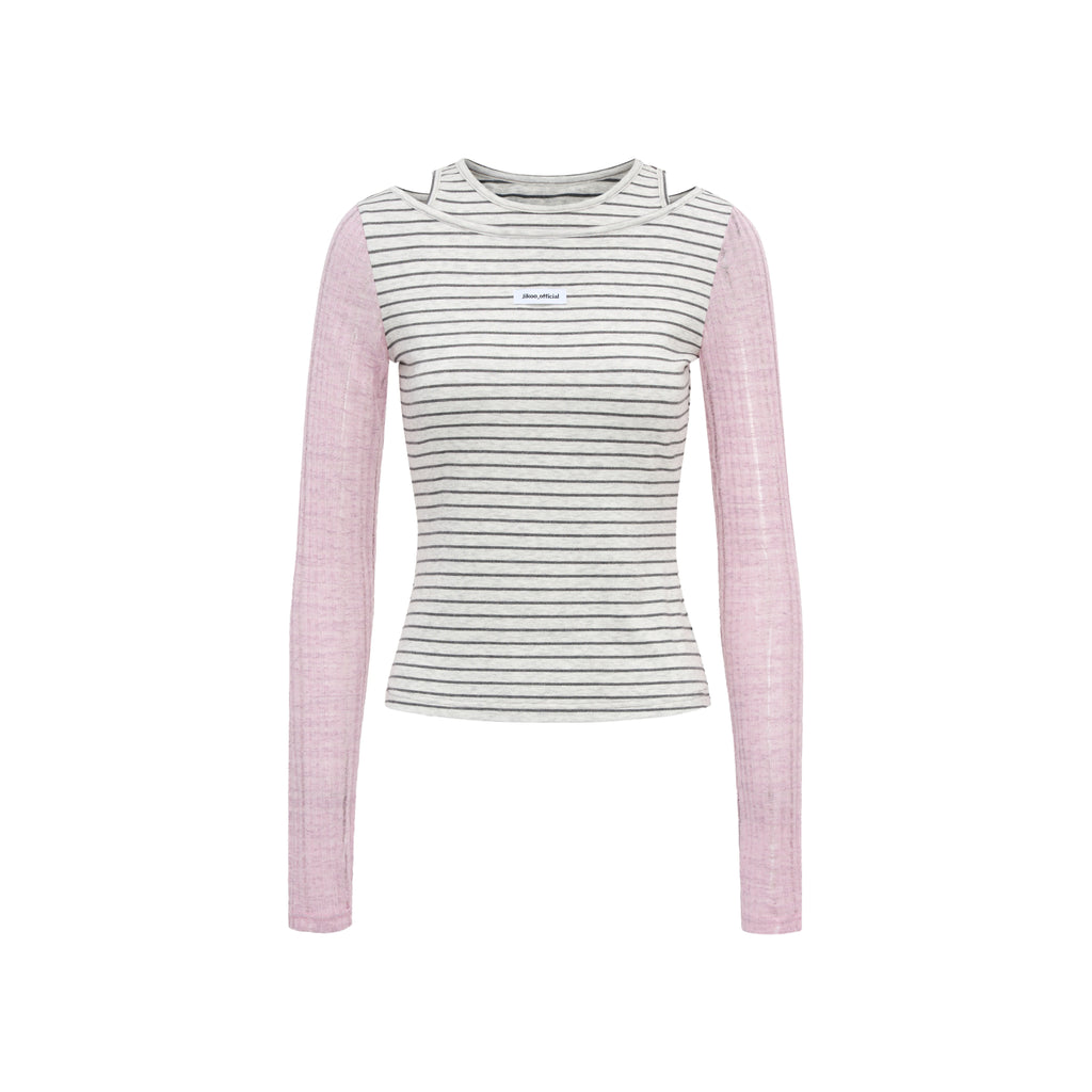 JIKOO Wild Berry Party Striped Off-Shoulder Long-Sleeve Tee