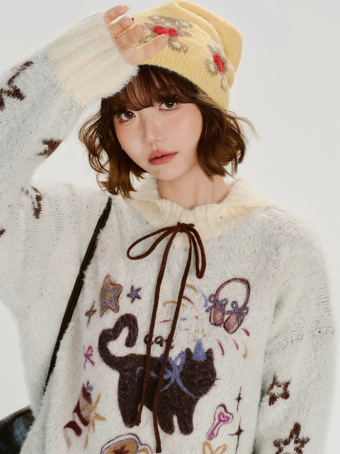 Girlyhalo Vintage Loose Cartoon Jacquard Color Combining Sweater