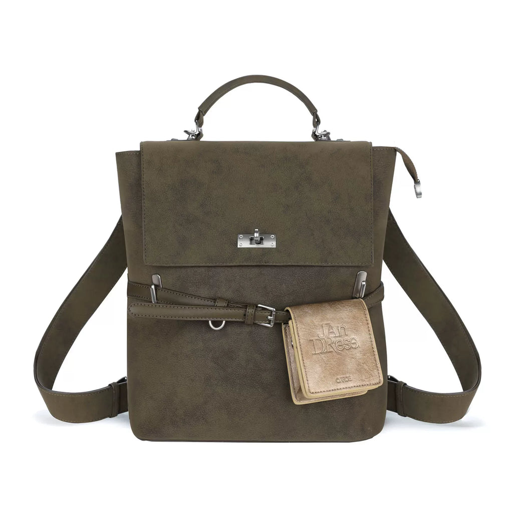 JANDRESS Moss Green Faux Leather Zip-Top -Way Backpack