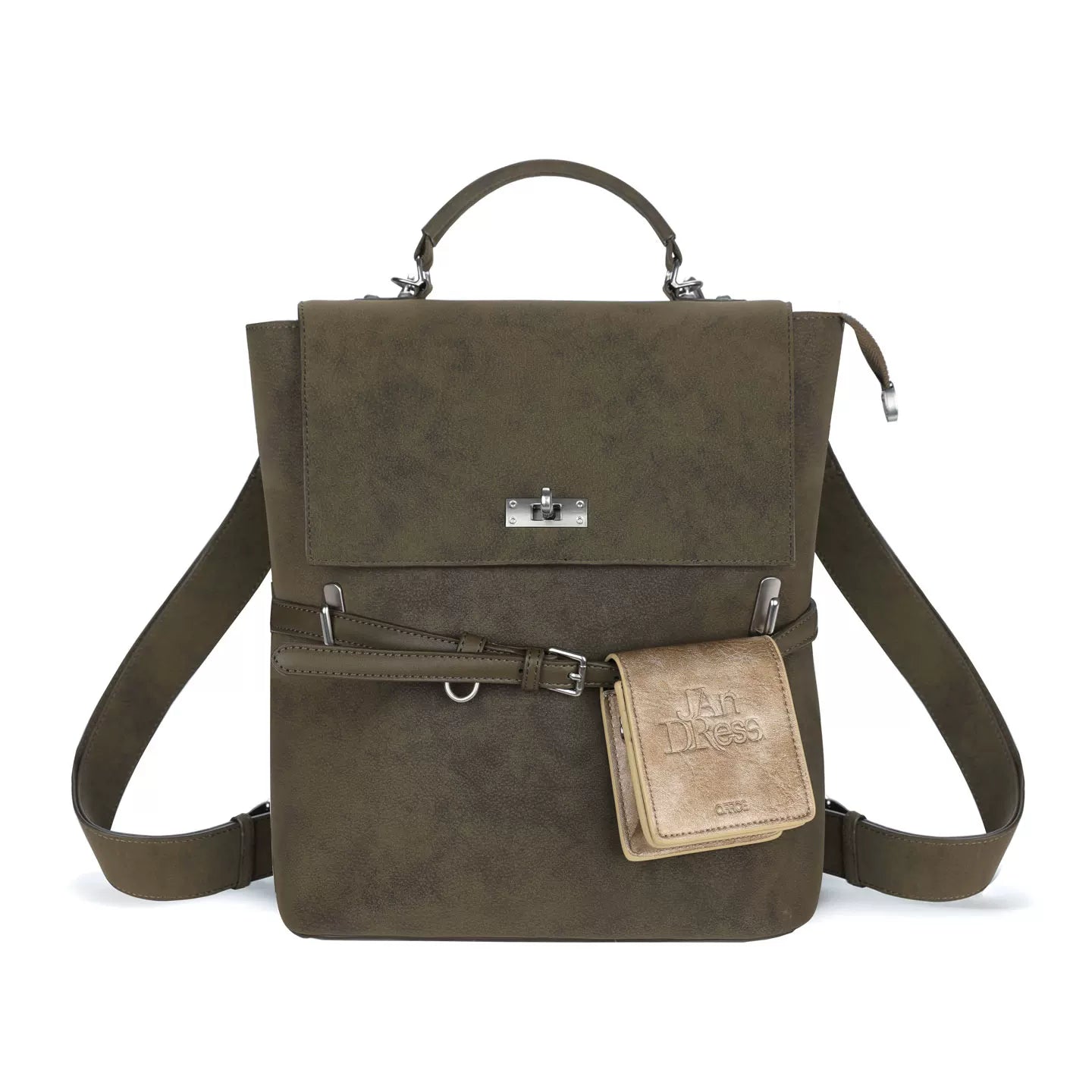 JANDRESS Moss Green Faux Leather Zip-Top -Way Backpack