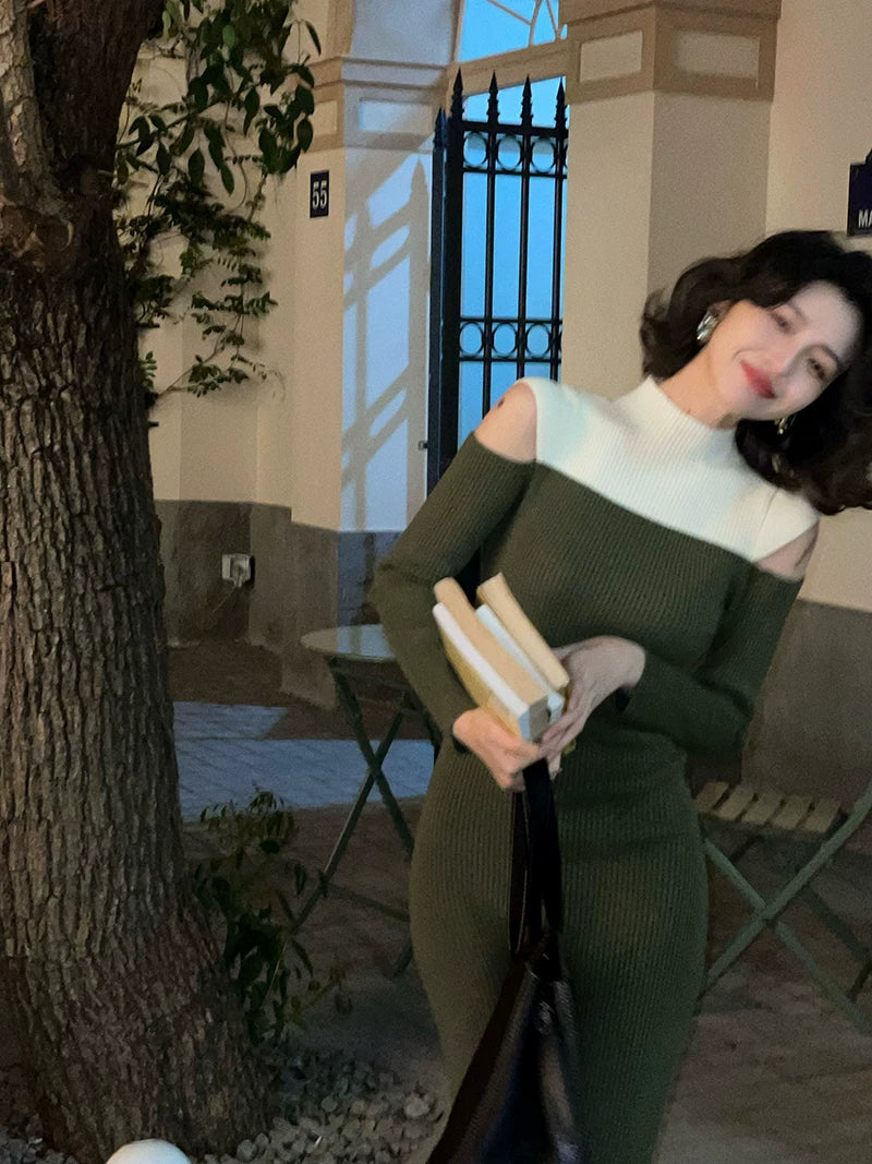 KELIFAN Semi-high-neck Waist Off-the-shoulder Knitted Dress