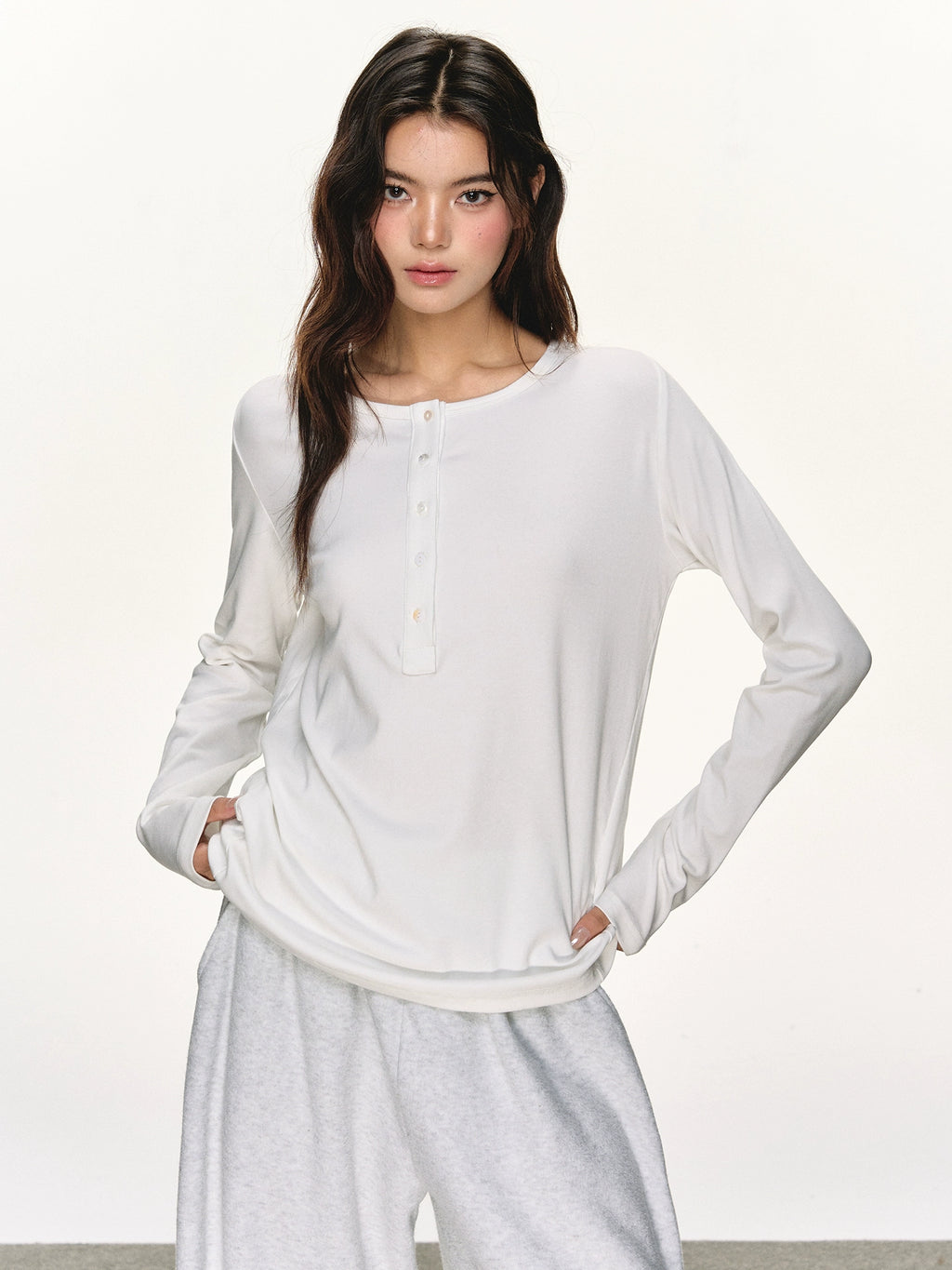 Anna Aneae Henry Collar Bottom Casual Long Sleeve