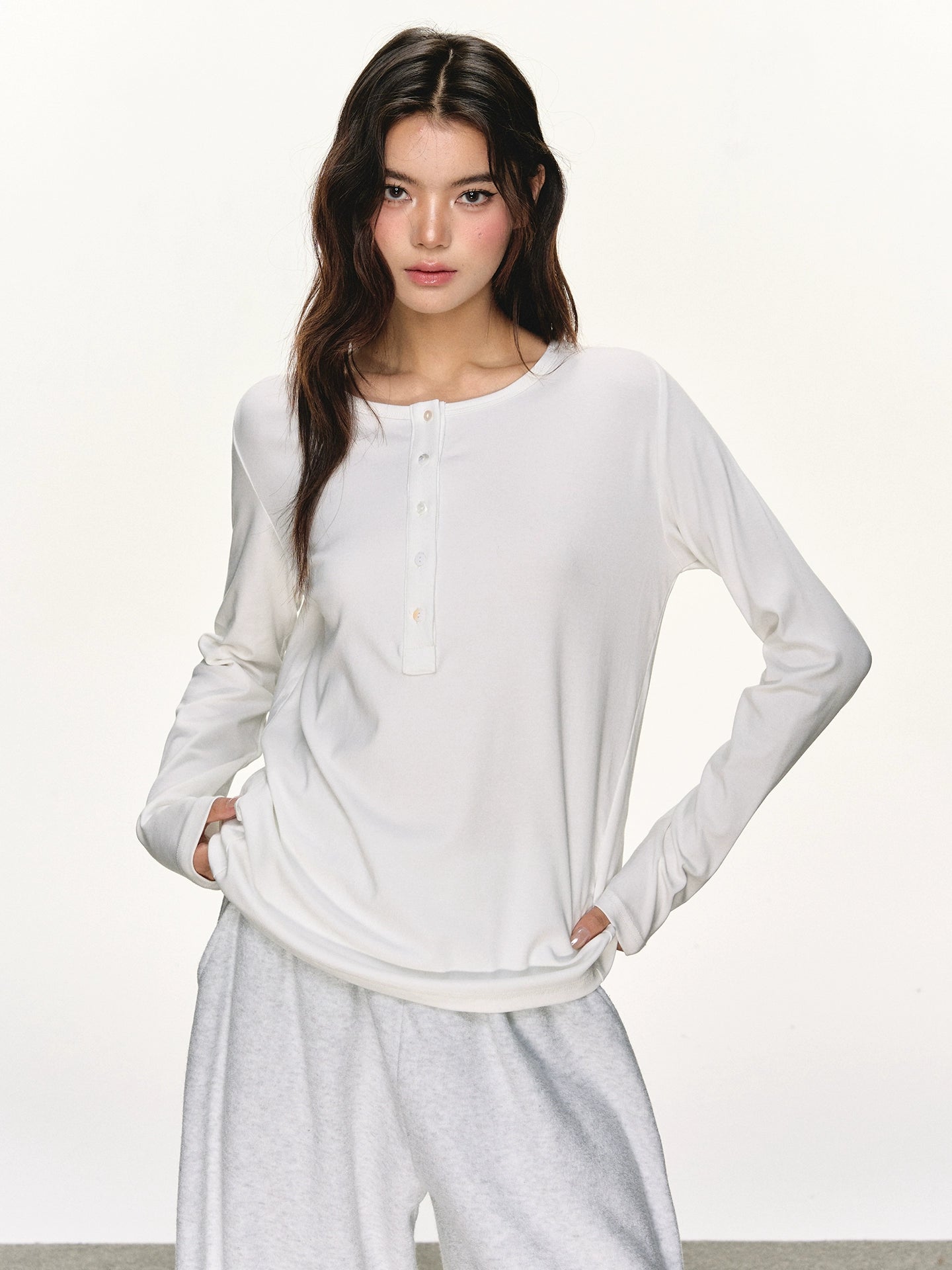 Anna Aneae Henry Collar Bottom Casual Long Sleeve