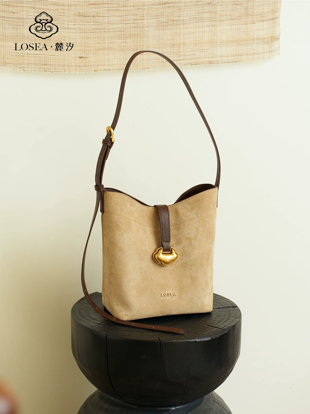 LOSEA Leather Velvet Splicing Bucket Bag