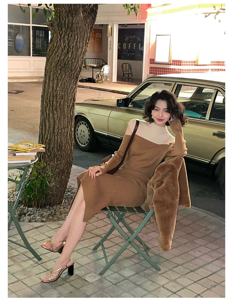 KELIFAN Semi-high-neck Waist Off-the-shoulder Knitted Dress