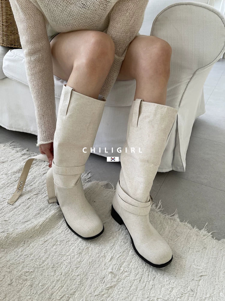 CHILIGIRL Fabric Cross-Strap High-Top Boot