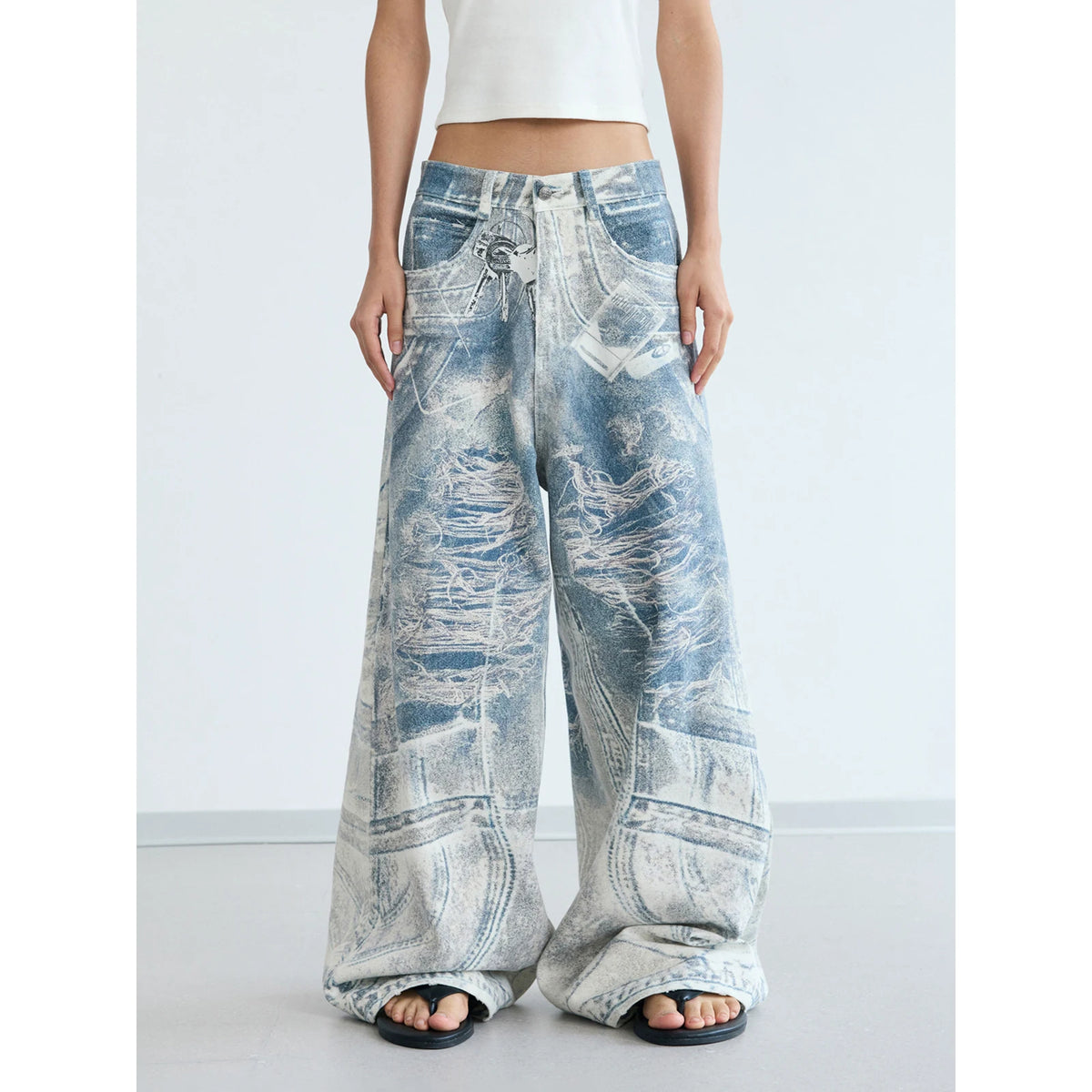 PEOPLESENSE 3D Print High-Waist Wide-Leg Jeans
