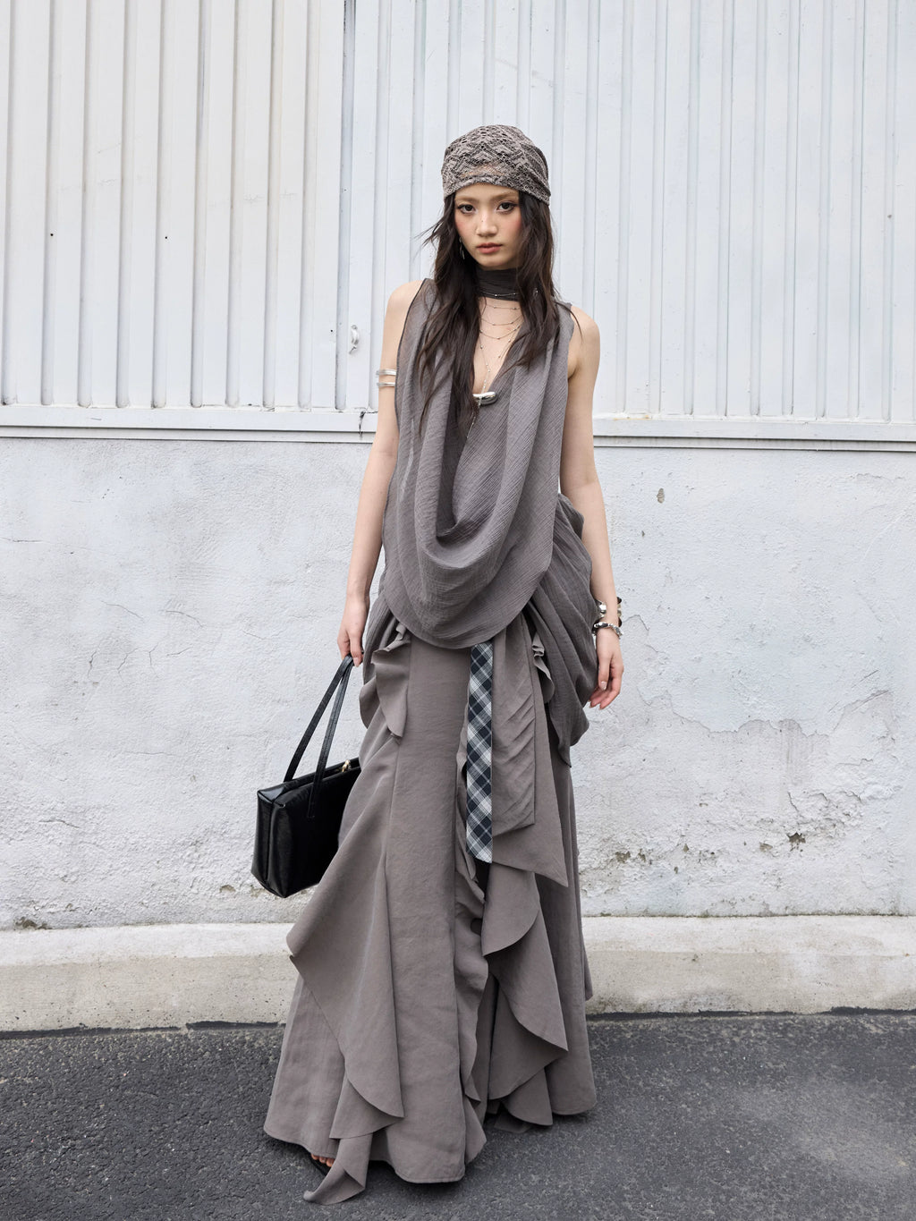 JNYLON Makes Old Ruffle Leaf Edge Lace-up Long Skirt.