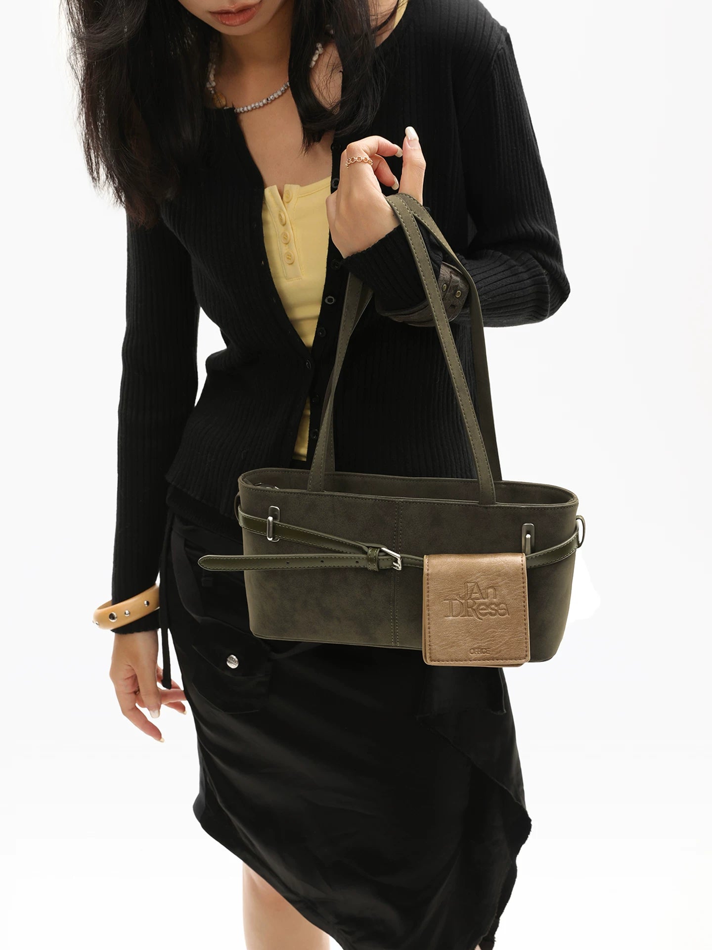 JANDRESS Moss Green Faux Leather Zip-Top Shoulder Bag