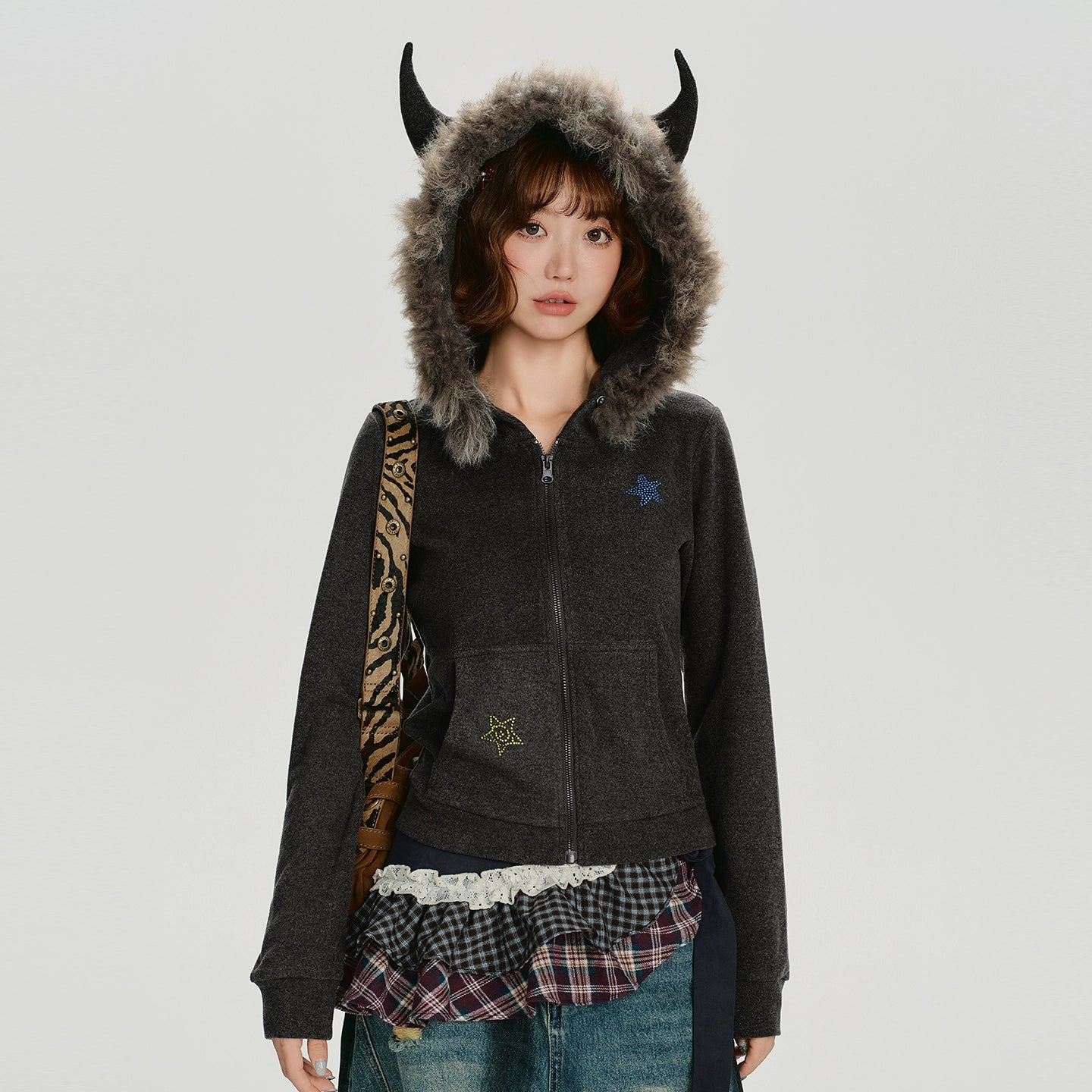 Girlyhalo Vintage Slim Fit Fur Collar Hooded Sweater Jacket