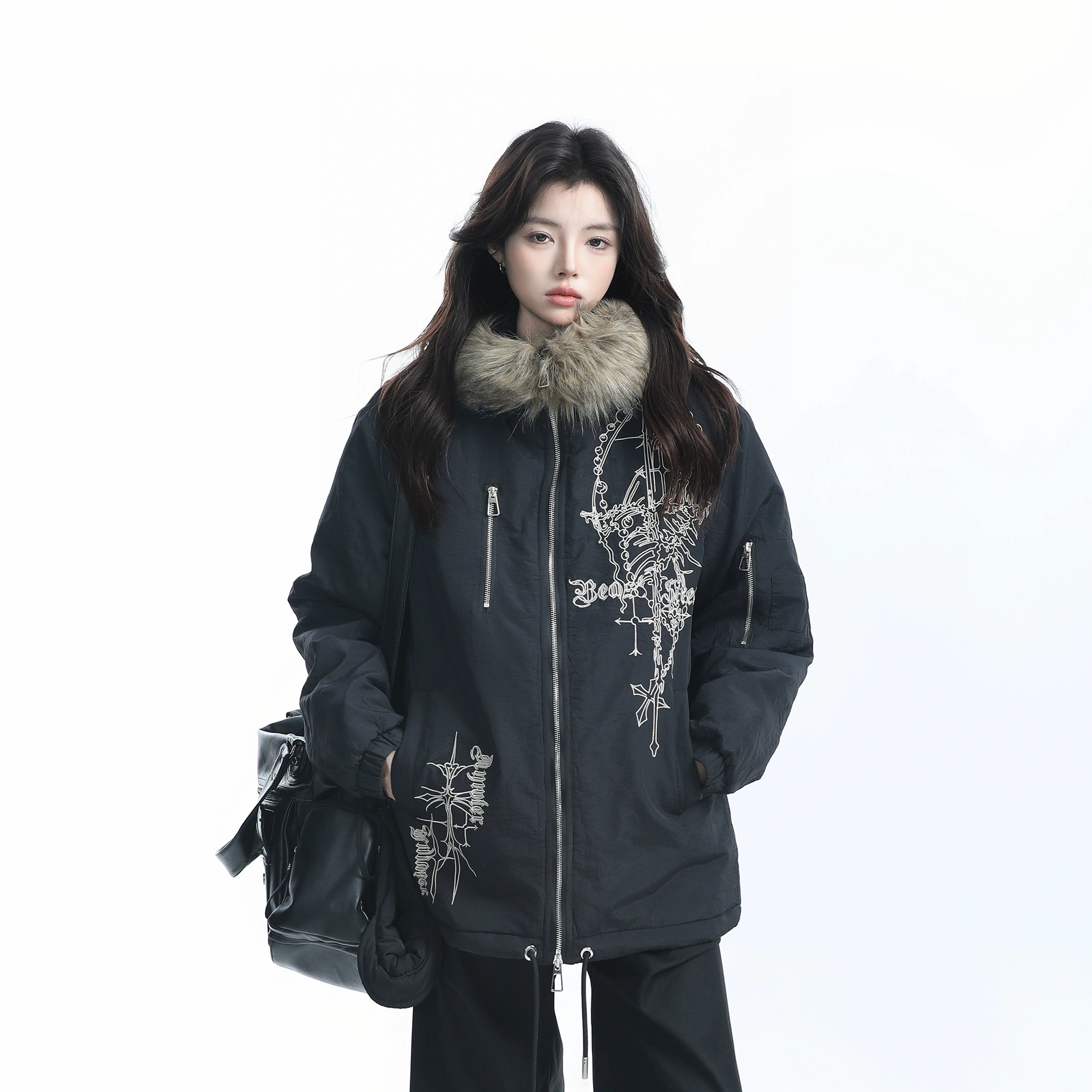 Zuocisankon Vintage Fur Collar Hooded Cotton Dress