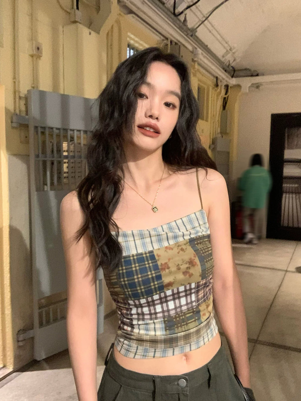 Pusumede Retro Color Matching Plaid Sling Vest