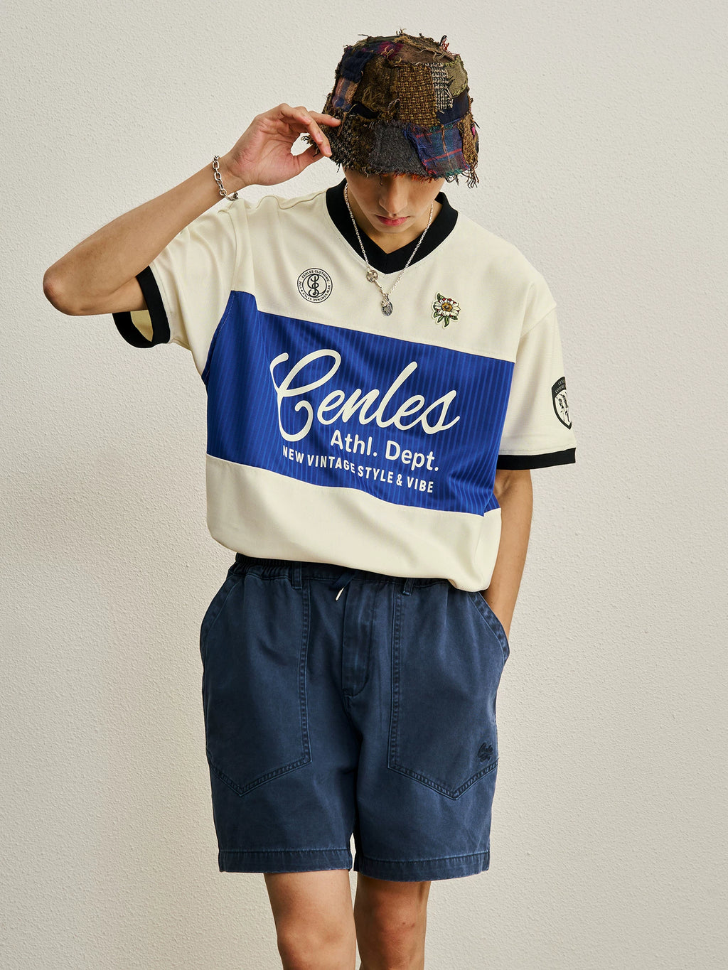 CENLES Color-Block Patchwork 240g Breathable Loose V-Neck Tee