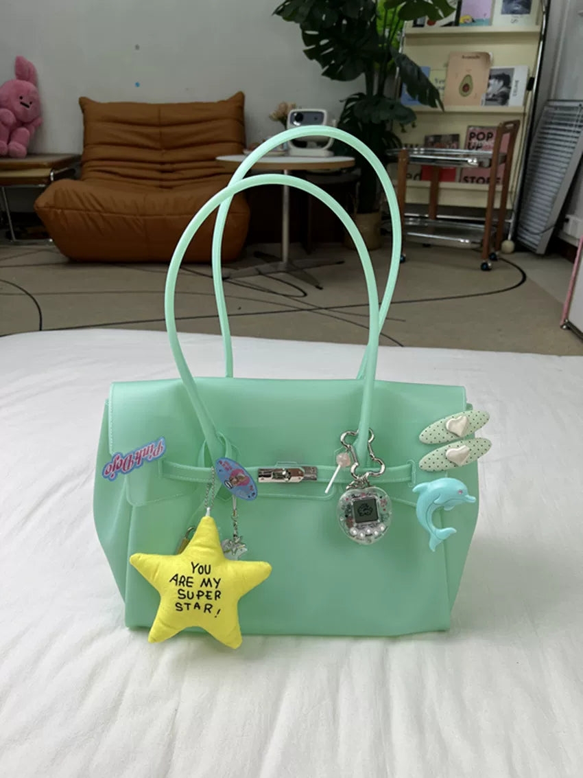 Fat*2 Semi-Transparent Faux Leather Buckle Top-Handle Bag