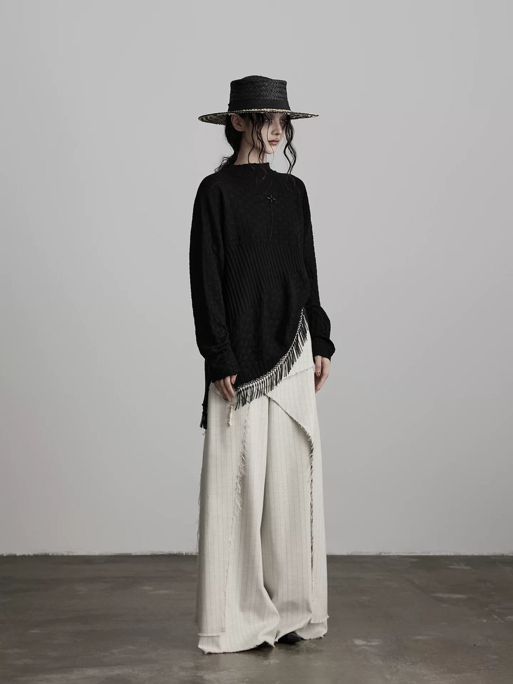 INDULGE Irregular Striped Scimitar Wide-leg Slacks