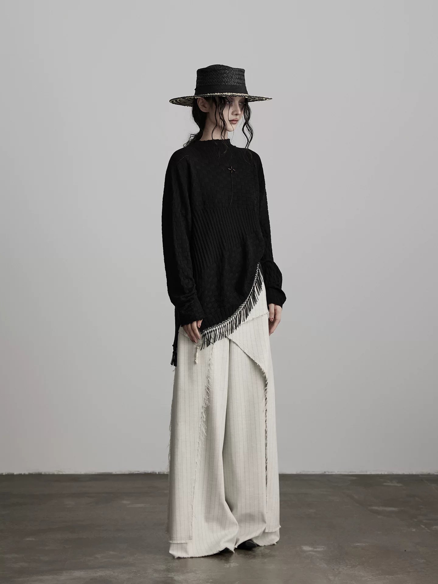 INDULGE Irregular Striped Scimitar Wide-leg Slacks