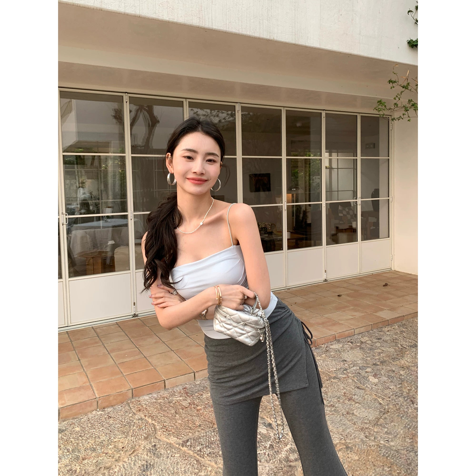 Pusumede Side Drawstring Fake Two-piece Fart Curtain Splicing Casual Pants