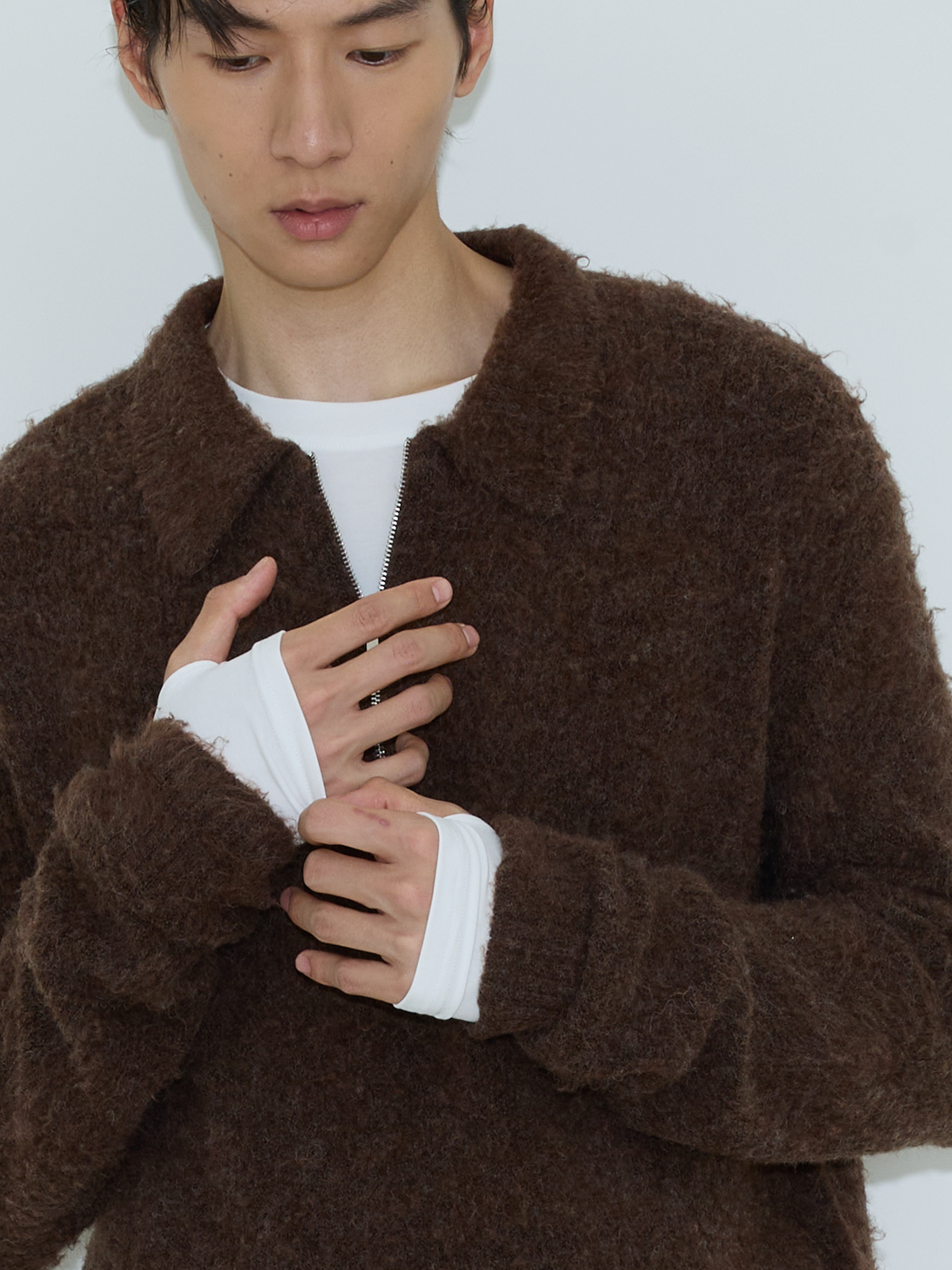 WEAVE Brown Collared Zip-Up Cropped Sweater
