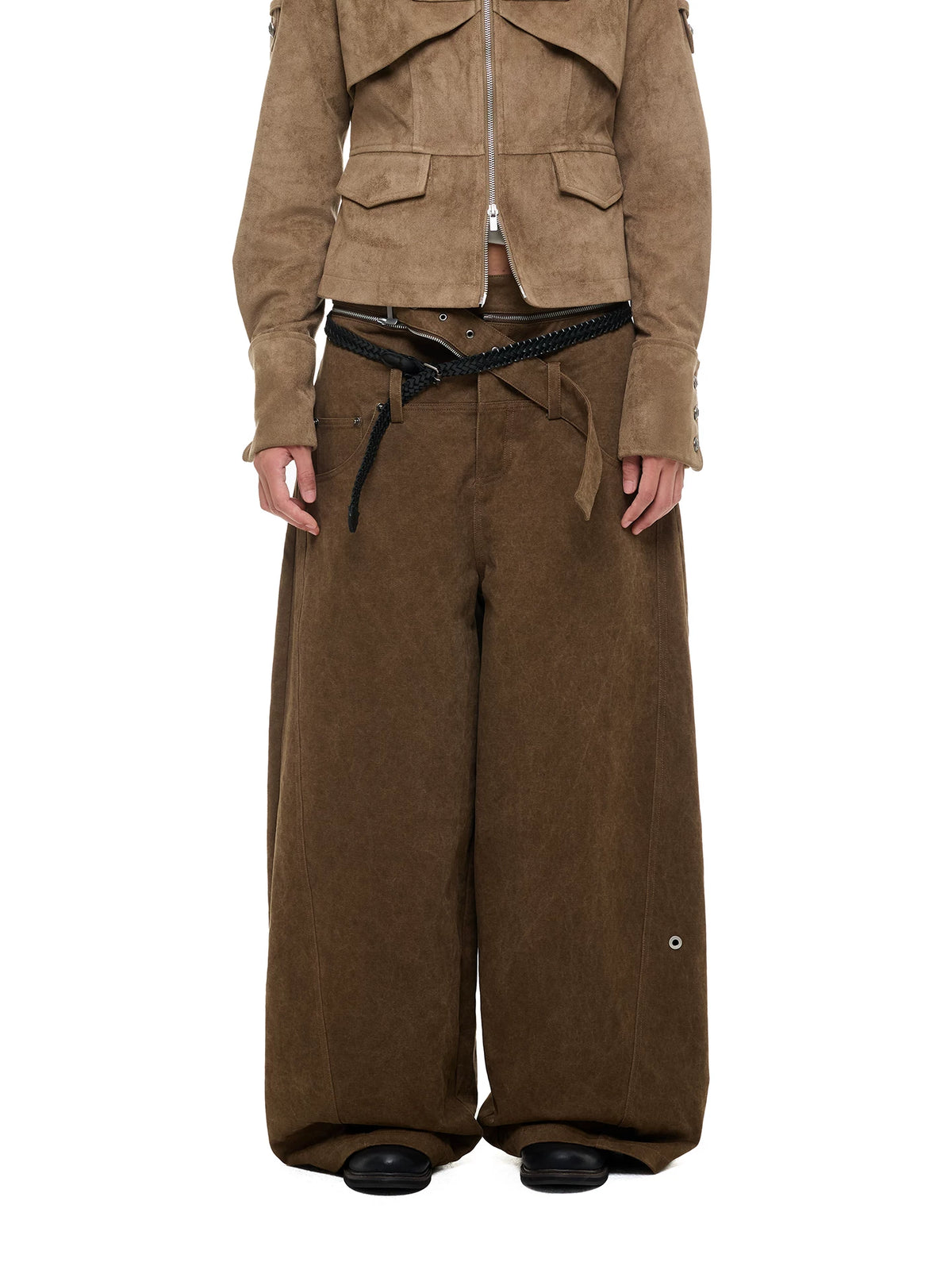 JIKOO Wide-Leg Suede-Look Belted Trousers