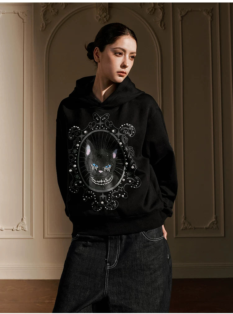 YADcrew Cat Print Hooded Sweater