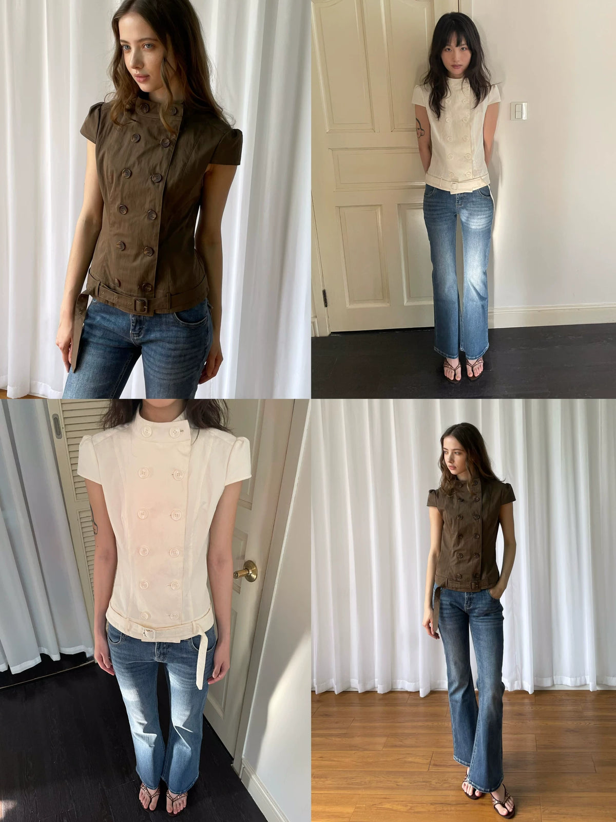 LooseSmell Two-Tone Button-Front Stand Collar Slim Fit Blouse