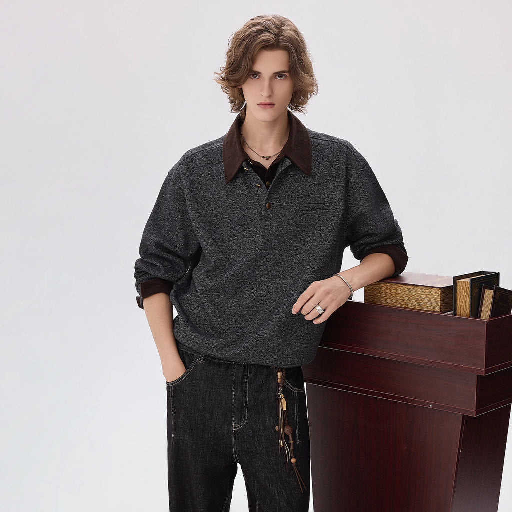 CHOR Color-Block Faux-Layered Polo Collar Long-Sleeve Sweatshirt