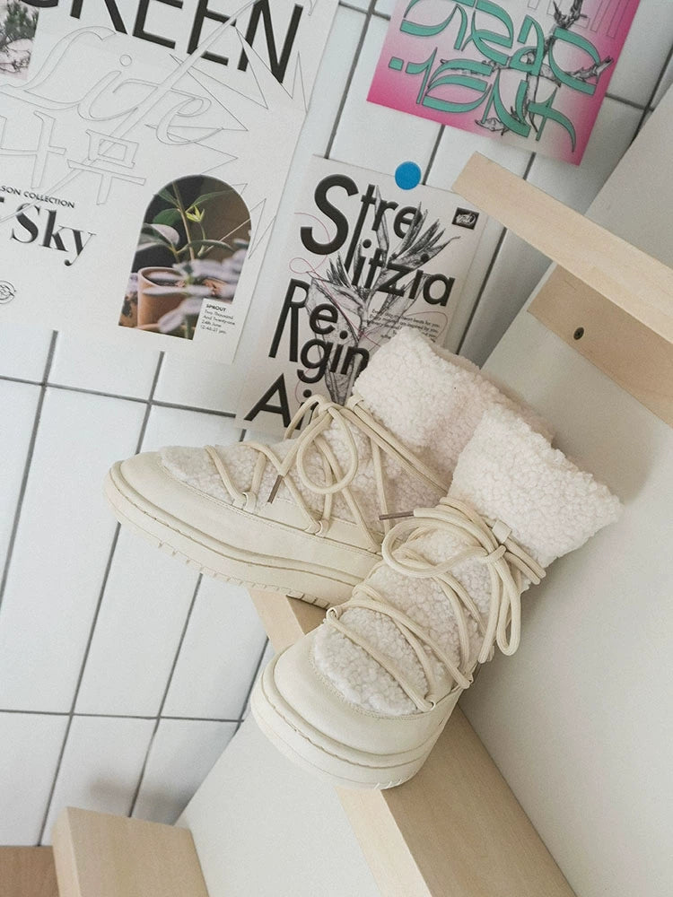 CHILIGIRL Spliced Lace-up Warm Fluffy Mid-tube Cotton Boots