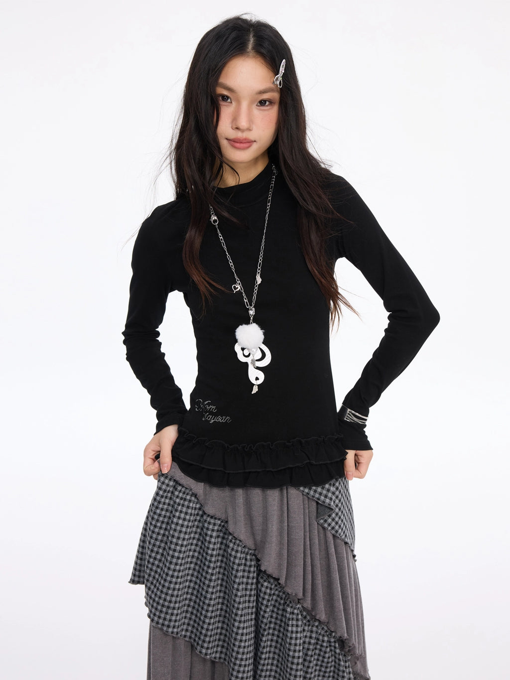 MOMSAYCAN Fungus Edge Slim-fitting Semi-turtleneck Elastic Long Sleeves