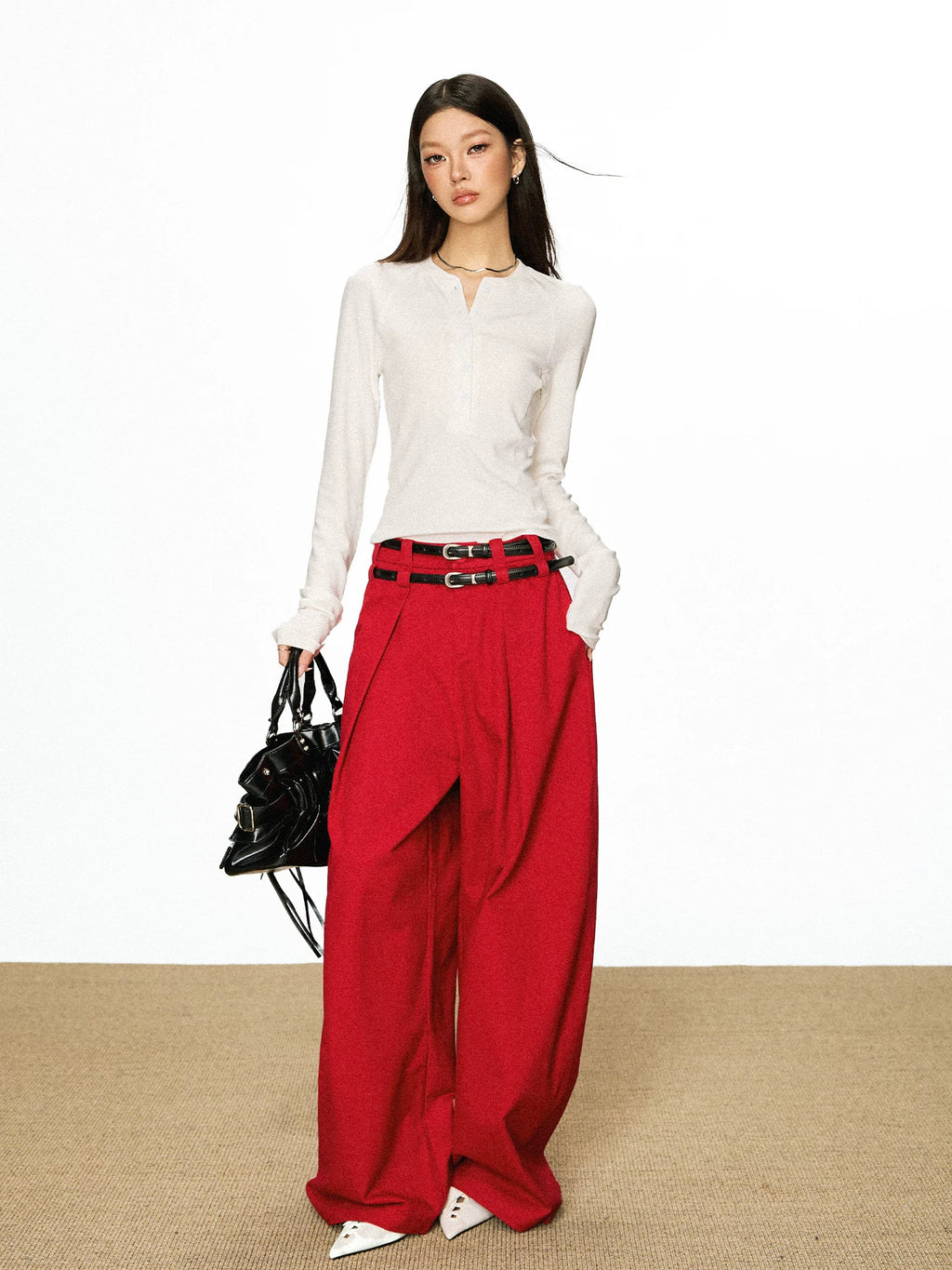 Cherry Melody Henry Collar Button Versatile Primer Long Sleeve
