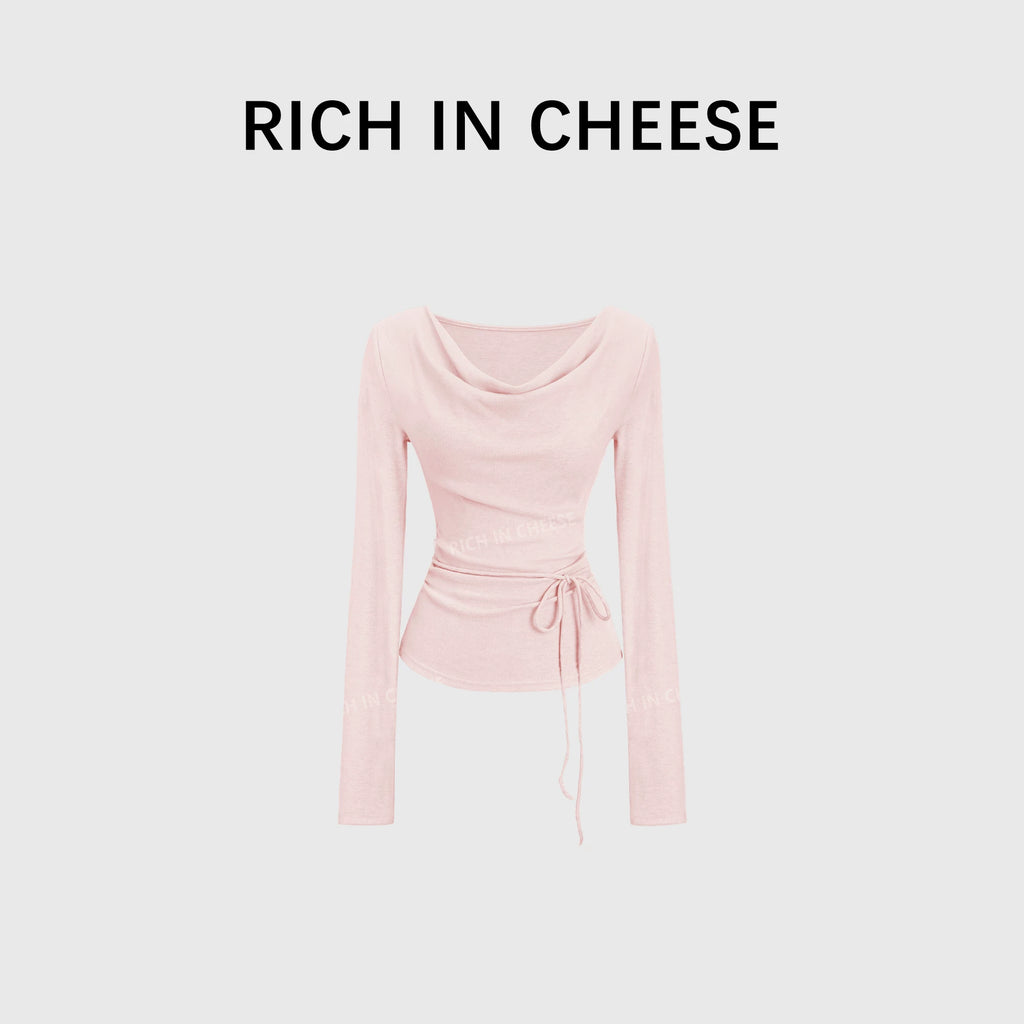 RICH IN CHEESE Pure Desire Swing Neck Knitted Waist Pleated Long Sleeves